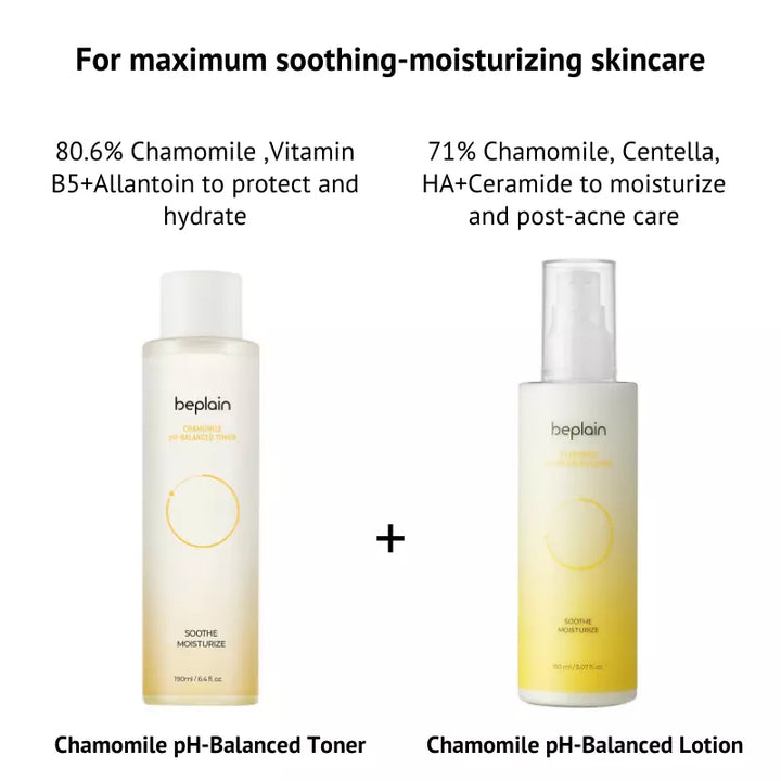 Beplain pH Balanced Chamomile lotion with pH balanced chamomile toner works best together in one skincare routine
