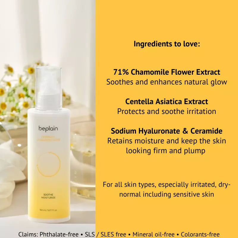 Beplain pH balanced chamomile lotion with Centella Asiatica and Hyaluronic Acid and ceramides for firm and healthy skin
