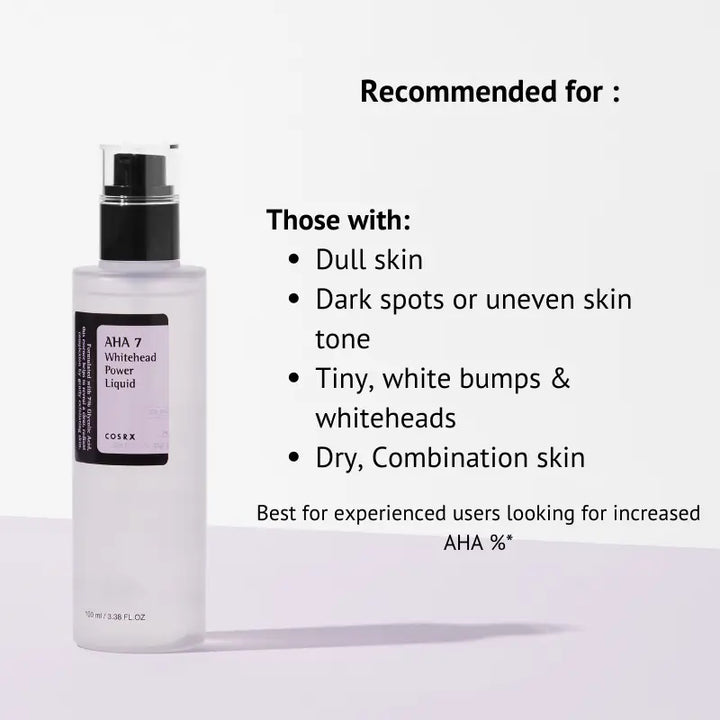 AHA Whitehead Power Liquid clears pigmentation and dark spots and recommended for dull dry and combination skin